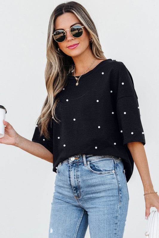 Demi Pearl Beaded Drop Shoulder Crewneck Top - Shop Style & More | Fresh Looks, Everyday Deals & Free Shipping