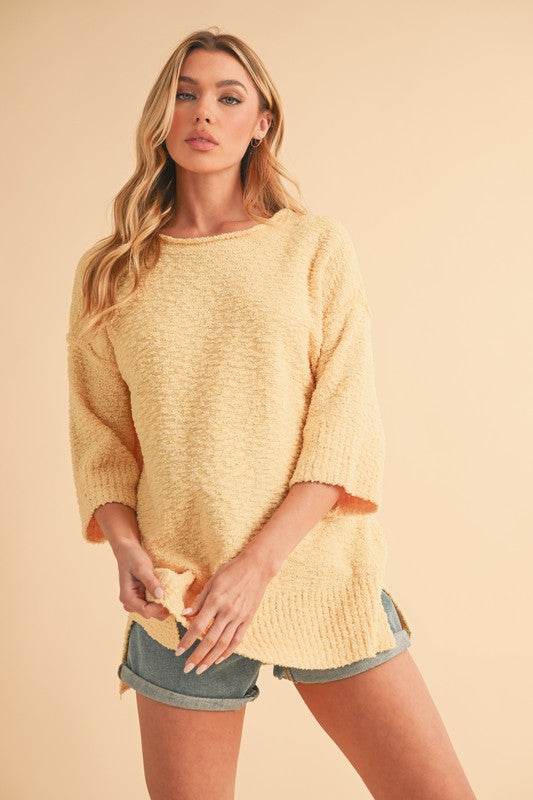 Aemi + Co Side Slit Ribbed Hem Round Neck Sweater - Shop Style & More | Fresh Looks, Everyday Deals & Free Shipping
