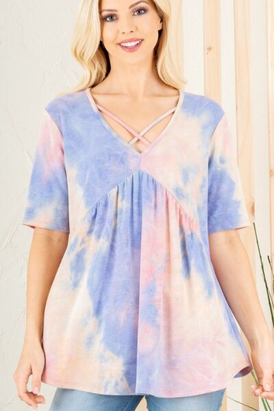 Heimish Full Size Crisscross Tie Dye Babydoll Top Plus Size Blue Pink Blouses