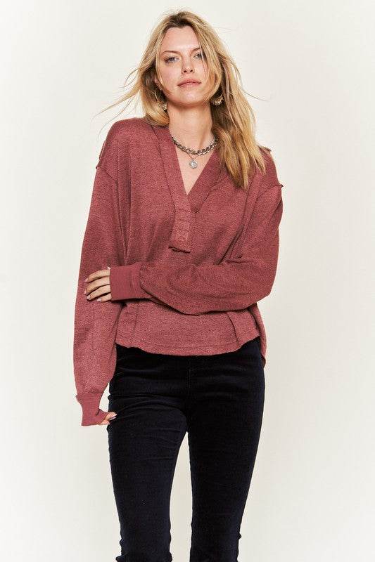Deep V-neck Collared Long sleeve Knit Top JJT1024 - Shop Style & More | Fresh Looks, Everyday Deals & Free Shipping