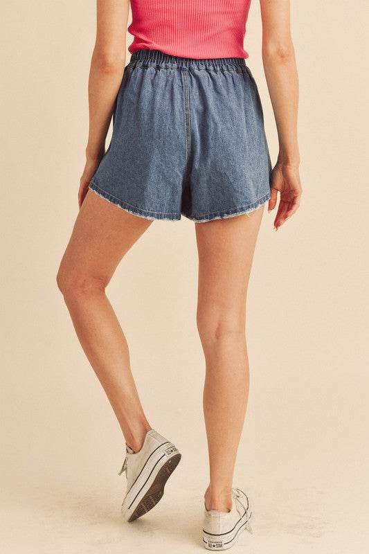 Aemi + Co Frayed Hem Elastic Waist Denim Shorts - Shop Style & More | Fresh Looks, Everyday Deals & Free Shipping