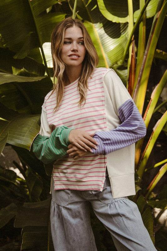 BiBi Exposed Seam Slit Striped Round Neck T-Shirt - Shop Style & More | Fresh Looks, Everyday Deals & Free Shipping