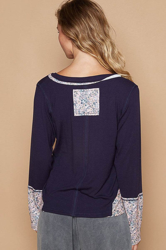 POL V-Neck Long Sleeve Floral Number Patch T-Shirt - Shop Style & More | Fresh Looks, Everyday Deals & Free Shipping