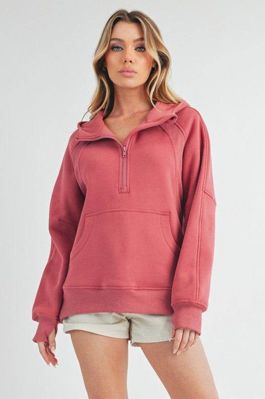 Aemi+Co Half Zip Raglan Sleeve Hoodie with Kangaroo Pocket - Shop Style & More | Fresh Looks, Everyday Deals & Free Shipping