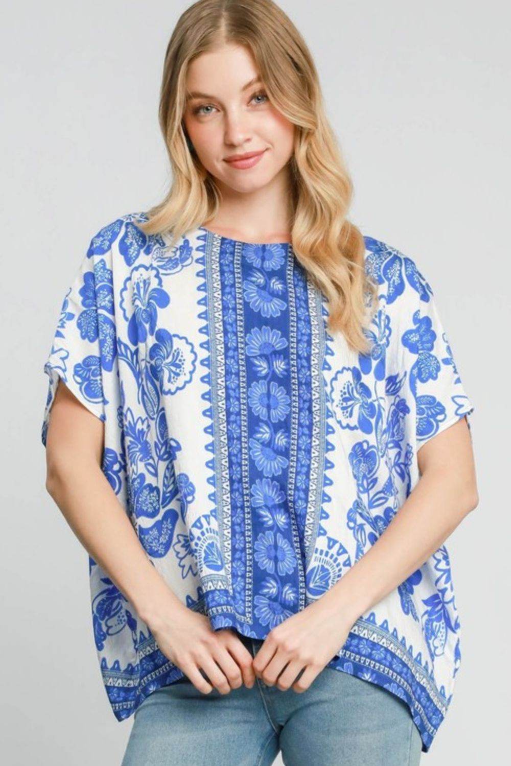 Umgee Full Size Floral Border Print Oversized Top Plus Size - Shop Style & More | Fresh Looks, Everyday Deals & Free Shipping