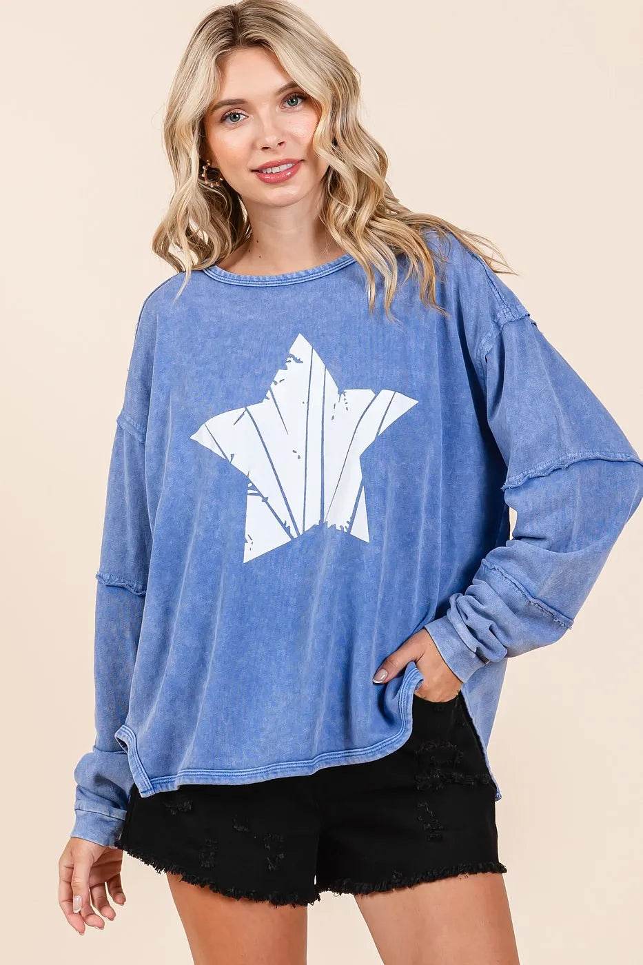 Mittoshop Star Graphic Mineral Wash Long Sleeve Top - Shop Style & More | Fresh Looks, Everyday Deals & Free Shipping
