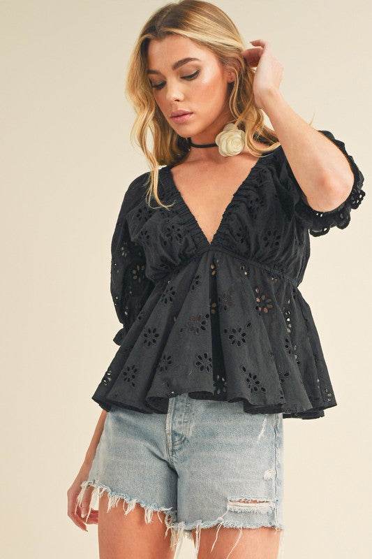 Aemi + Co Eyelet Embroidered V-Neck Half Sleeve Peplum Blouse - Shop Style & More | Fresh Looks, Everyday Deals & Free Shipping