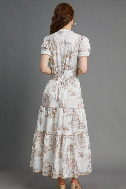 Umgee Full Size Landscape Print Short Sleeve Tiered Maxi Dress Plus Size - Shop Style & More | Fresh Looks, Everyday Deals & Free Shipping