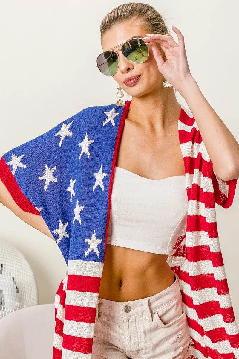 BiBi American Flag Low Gauge Knit Cardigan - Shop Style & More | Fresh Looks, Everyday Deals & Free Shipping