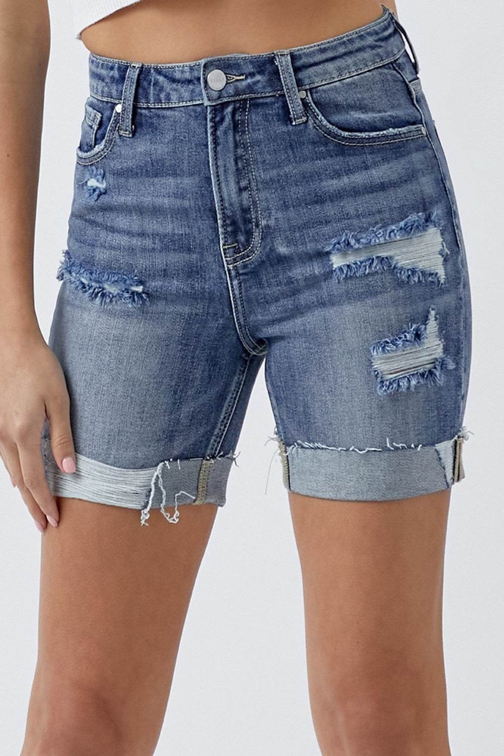 RISEN Full Size Distressed Rolled Denim Shorts with Pockets - Shop Style & More | Fresh Looks, Everyday Deals & Free Shipping