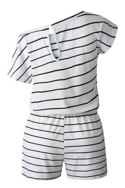 Striped Short Sleeve Drawstring Waist Romper - Shop Style & More | Fresh Looks, Everyday Deals & Free Shipping