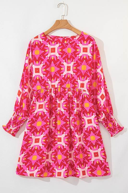 Geometric Print Smocked Long Sleeve Mini Dress - Shop Style & More | Fresh Looks, Everyday Deals & Free Shipping