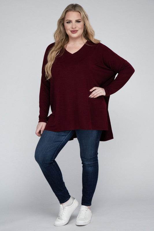 Plus Dolman Sleeve V-Neck Side Slit Hi-Low Hem Top - Shop Style & More | Fresh Looks, Everyday Deals & Free Shipping