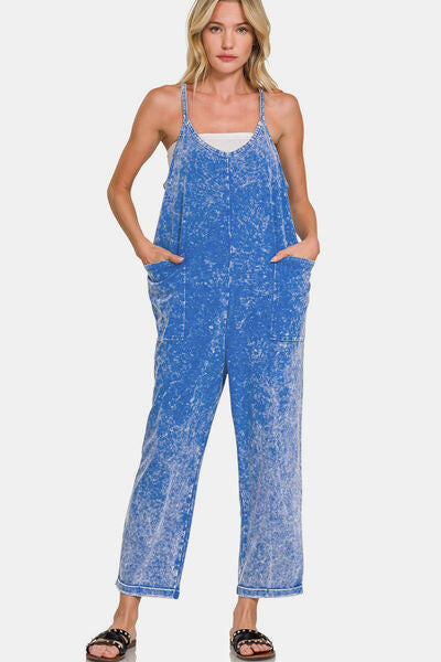 Zenana Washed Spaghetti Straps Overalls with Pockets Classic Blue Jumpsuits