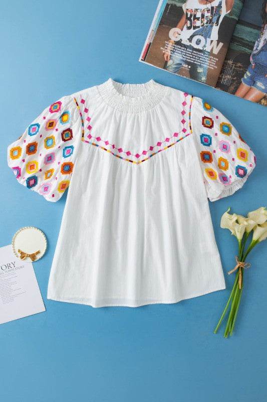 Khaleesi Embroidered Smocked Neck Puff Sleeve Top - Shop Style & More | Fresh Looks, Everyday Deals & Free Shipping