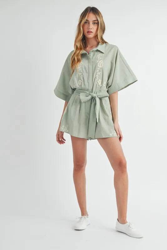 MABLE Embroidered Button Down Collared Neck Romper - Shop Style & More | Fresh Looks, Everyday Deals & Free Shipping