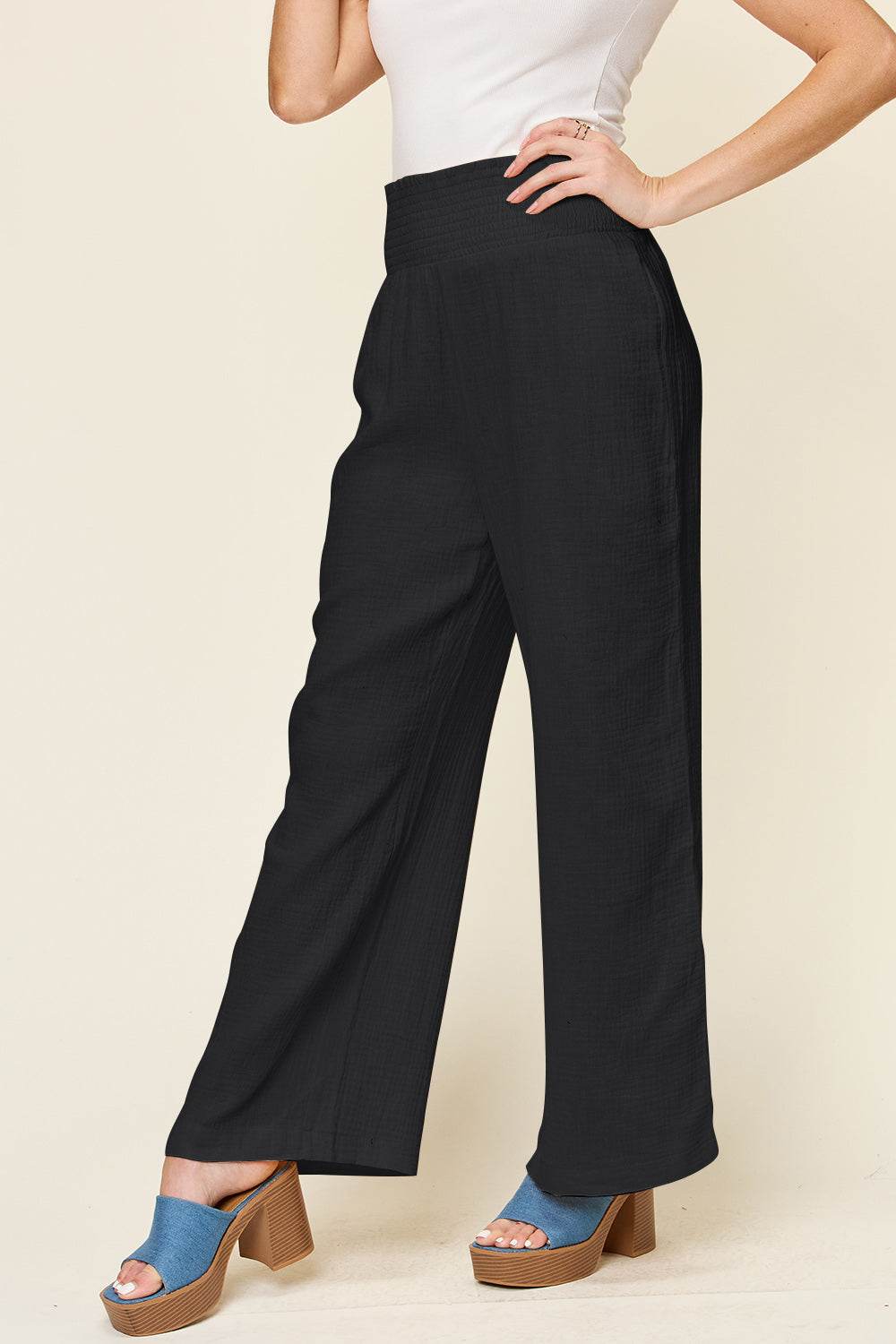 Double Take Full Size Texture Smocked Waist Wide Leg Pants - Shop Style & More | Fresh Looks, Everyday Deals & Free Shipping