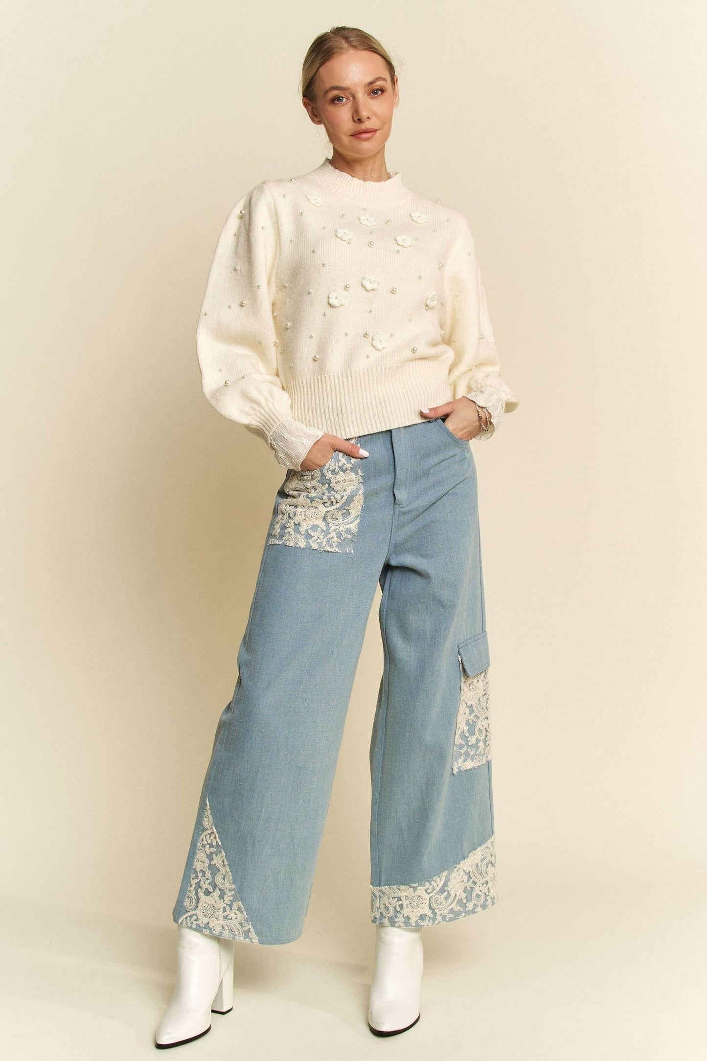 Davi & Dani Lace Applique Wide Leg Jeans - Shop Style & More | Fresh Looks, Everyday Deals & Free Shipping