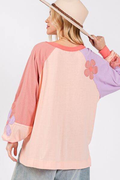 SAGE + FIG Full Size Daisy Applique Patch Color Block Long Sleeve Top - Shop Style & More | Fresh Looks, Everyday Deals & Free Shipping
