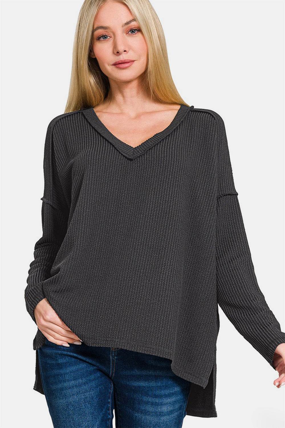 Zenana Texture Exposed Seam V-Neck Long Sleeve T-Shirt - Shop Style & More | Fresh Looks, Everyday Deals & Free Shipping