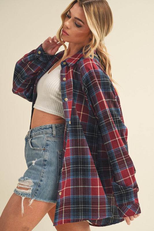 Aemi + Co Flannel Plaid Button Up Raglan Sleeve Shirt - Shop Style & More | Fresh Looks, Everyday Deals & Free Shipping