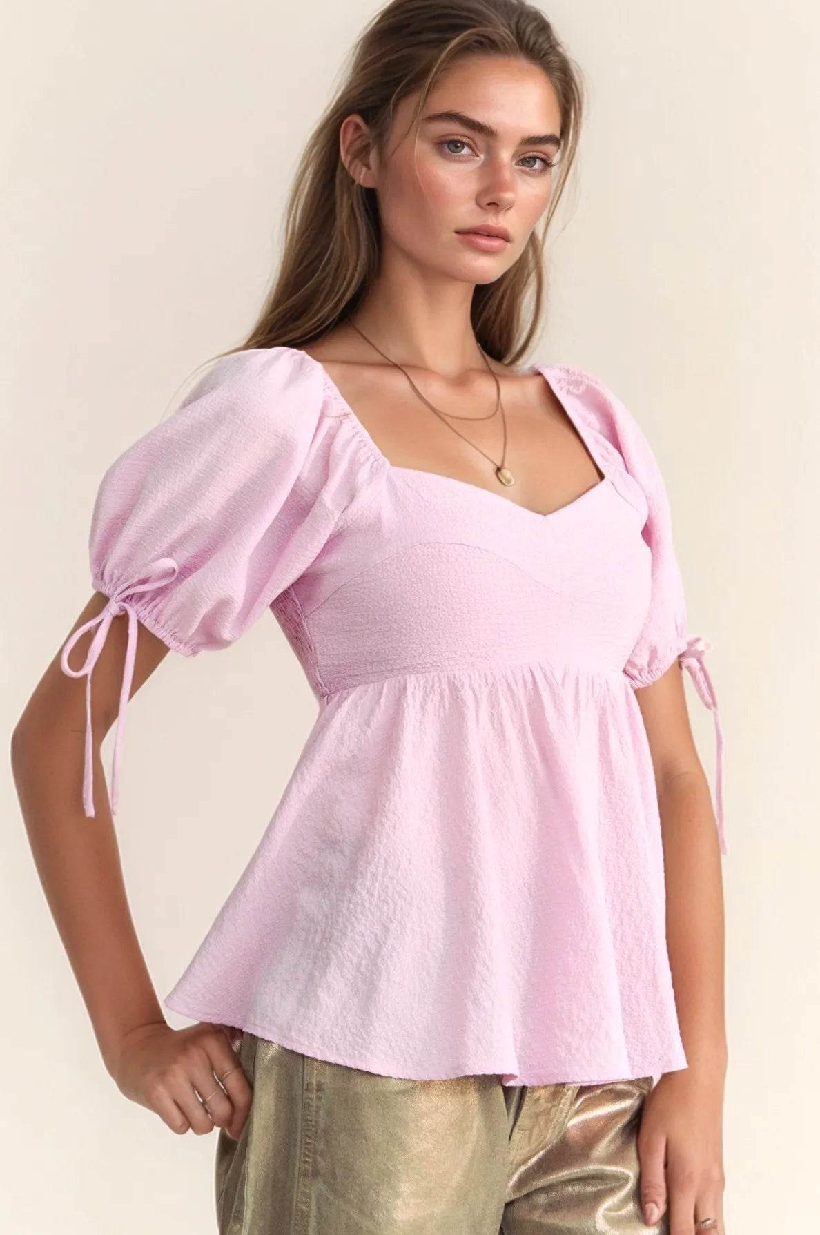 Davi & Dani Solid Elastic Peplum Puffed Sleeves Blouse - Shop Style & More | Fresh Looks, Everyday Deals & Free Shipping