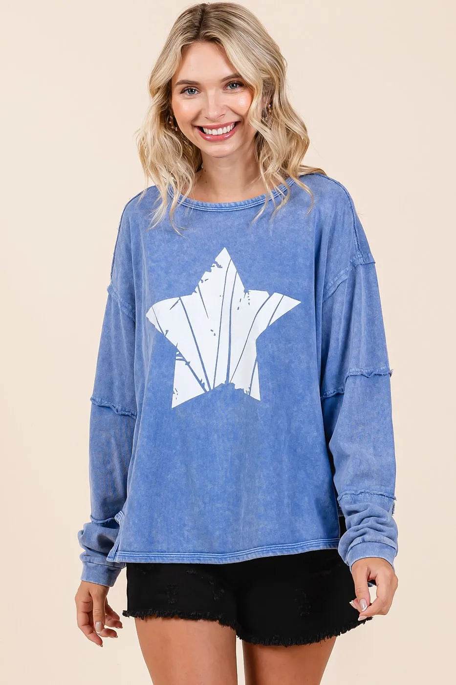 Mittoshop Star Graphic Mineral Wash Long Sleeve Top - Shop Style & More | Fresh Looks, Everyday Deals & Free Shipping