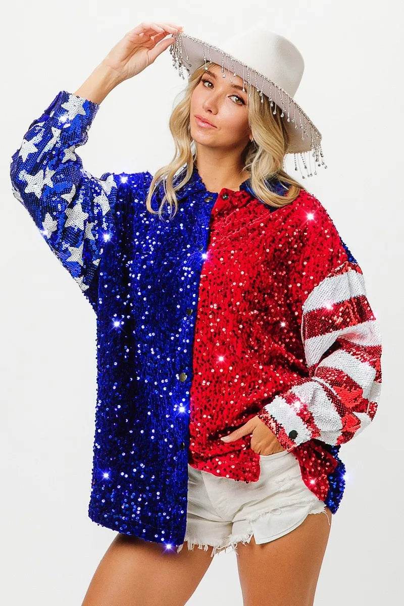 BiBi American Flag Sequin Snap Down Shirt - Shop Style & More | Fresh Looks, Everyday Deals & Free Shipping