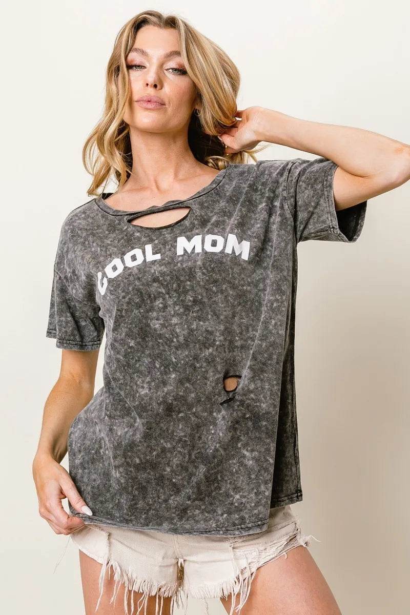 BiBi Washed Laser Cut Detail Cool Mom Print Top - Shop Style & More | Fresh Looks, Everyday Deals & Free Shipping