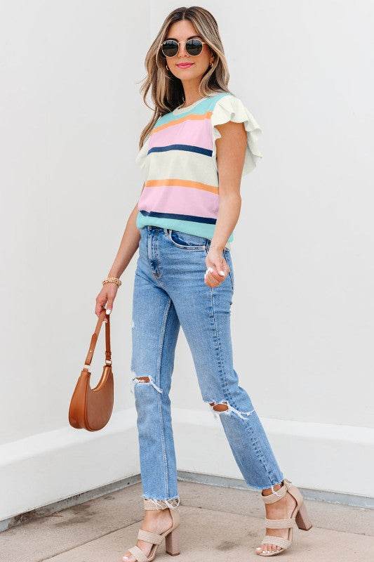 Yasmin Striped Flutter Sleeve Patchwork Top - Shop Style & More | Fresh Looks, Everyday Deals & Free Shipping