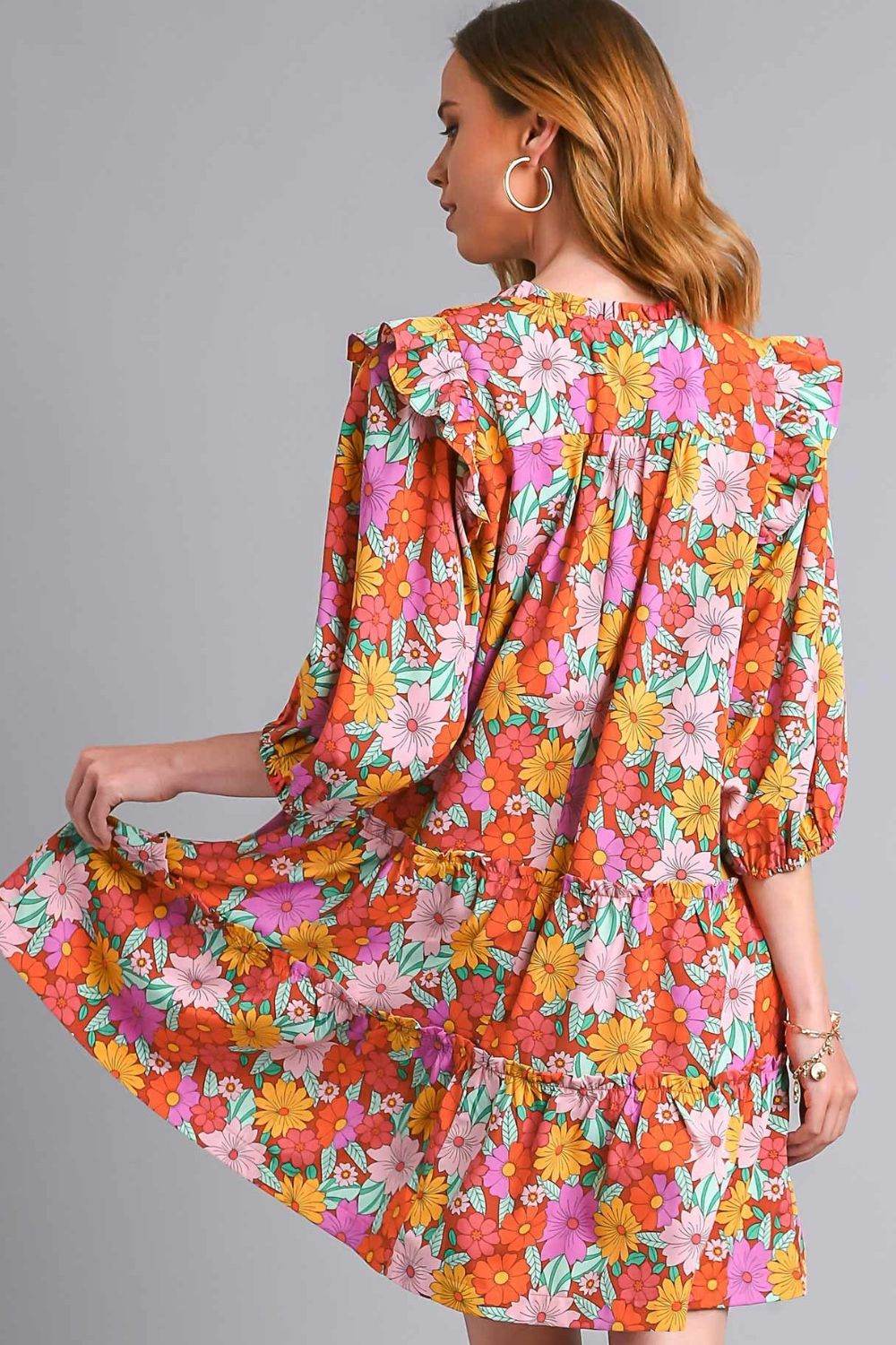 Umgee Full Size Ruffled Flower Print Tie Neck Tiered Dress Plus Size - Shop Style & More | Fresh Looks, Everyday Deals & Free Shipping