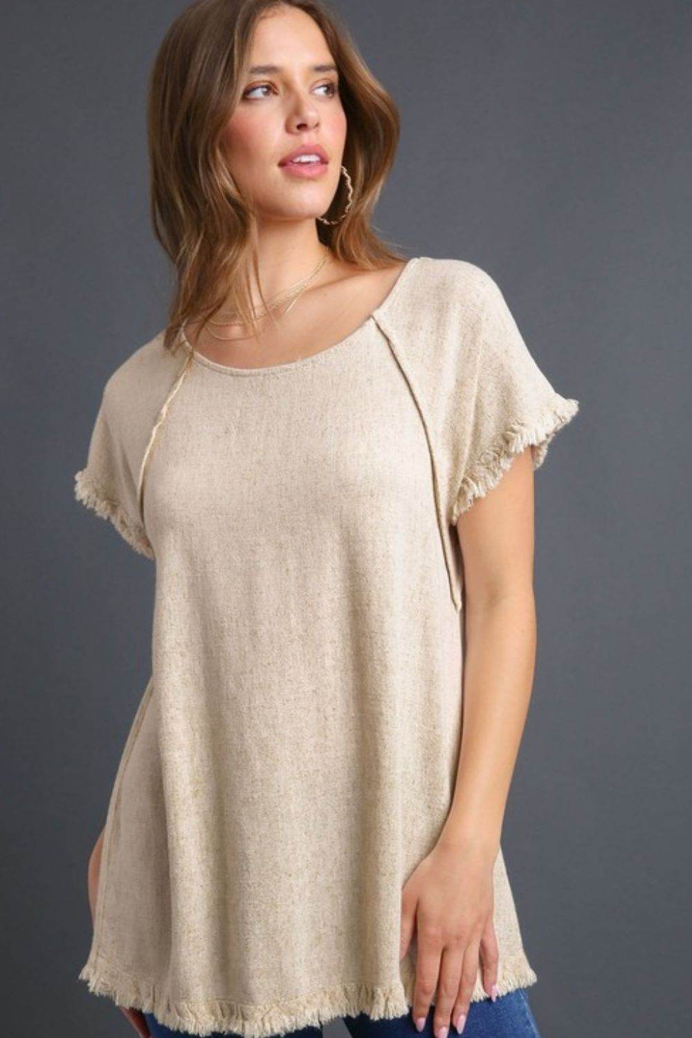 Umgee Full Size Seam Detail Linen Ruffle Fringe Edge Top Plus Size - Shop Style & More | Fresh Looks, Everyday Deals & Free Shipping