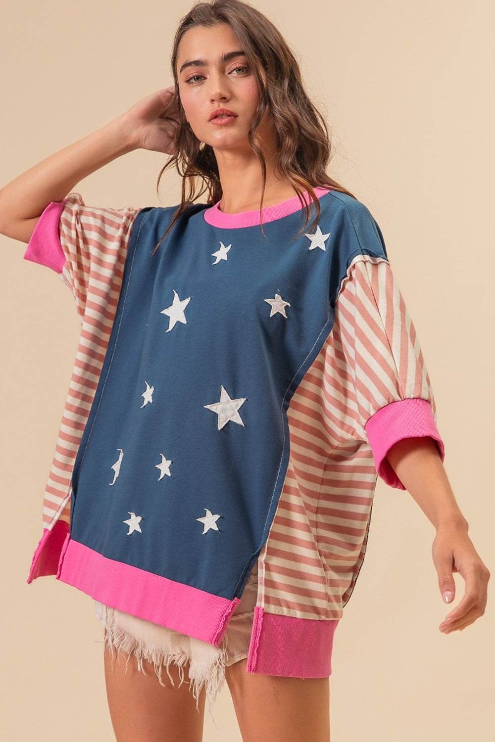 BiBi US Flag Theme Color Block Star Patch T-Shirt - Shop Style & More | Fresh Looks, Everyday Deals & Free Shipping