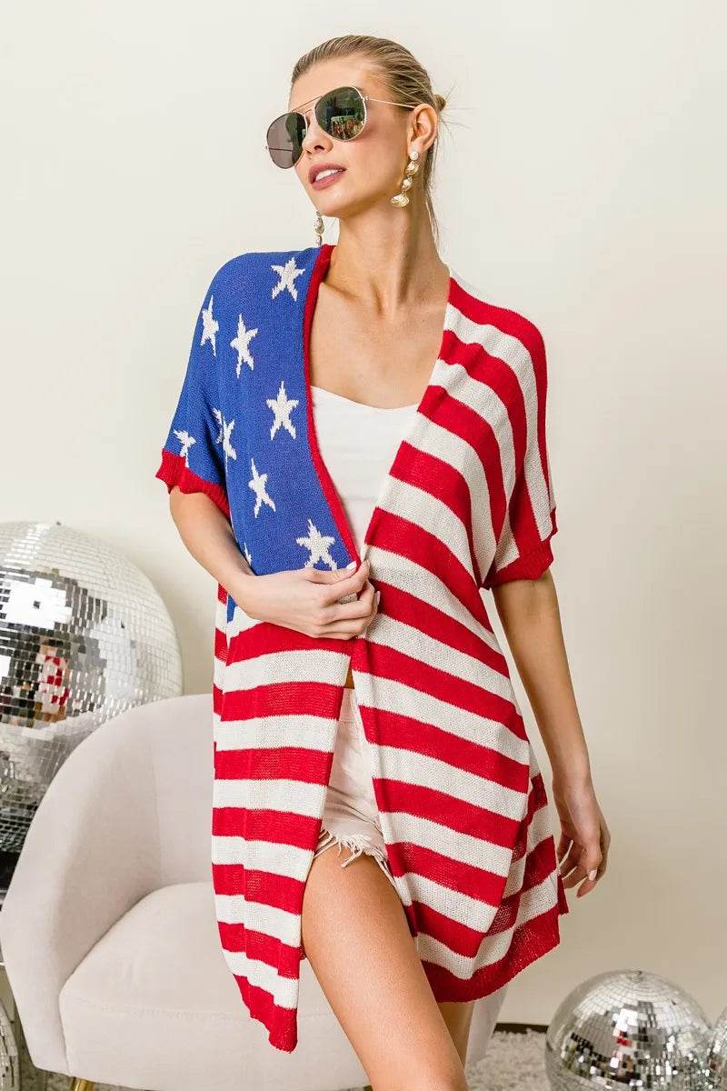 BiBi American Flag Low Gauge Knit Cardigan - Shop Style & More | Fresh Looks, Everyday Deals & Free Shipping