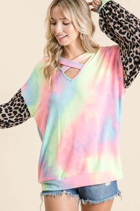 BiBi Tie Dye Terry Top with Leopard Puff Sleeves - Shop Style & More | Fresh Looks, Everyday Deals & Free Shipping