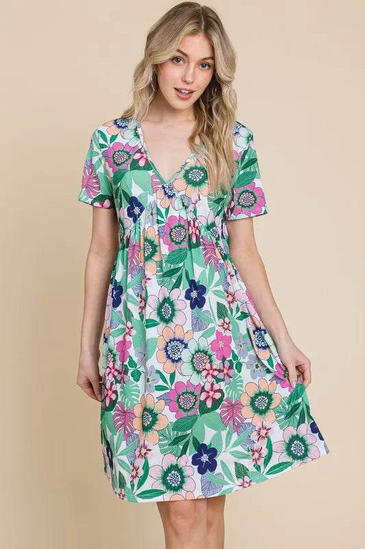 BOMBOM Ruched Floral V-Neck Short Sleeve Dress - Shop Style & More | Fresh Looks, Everyday Deals & Free Shipping