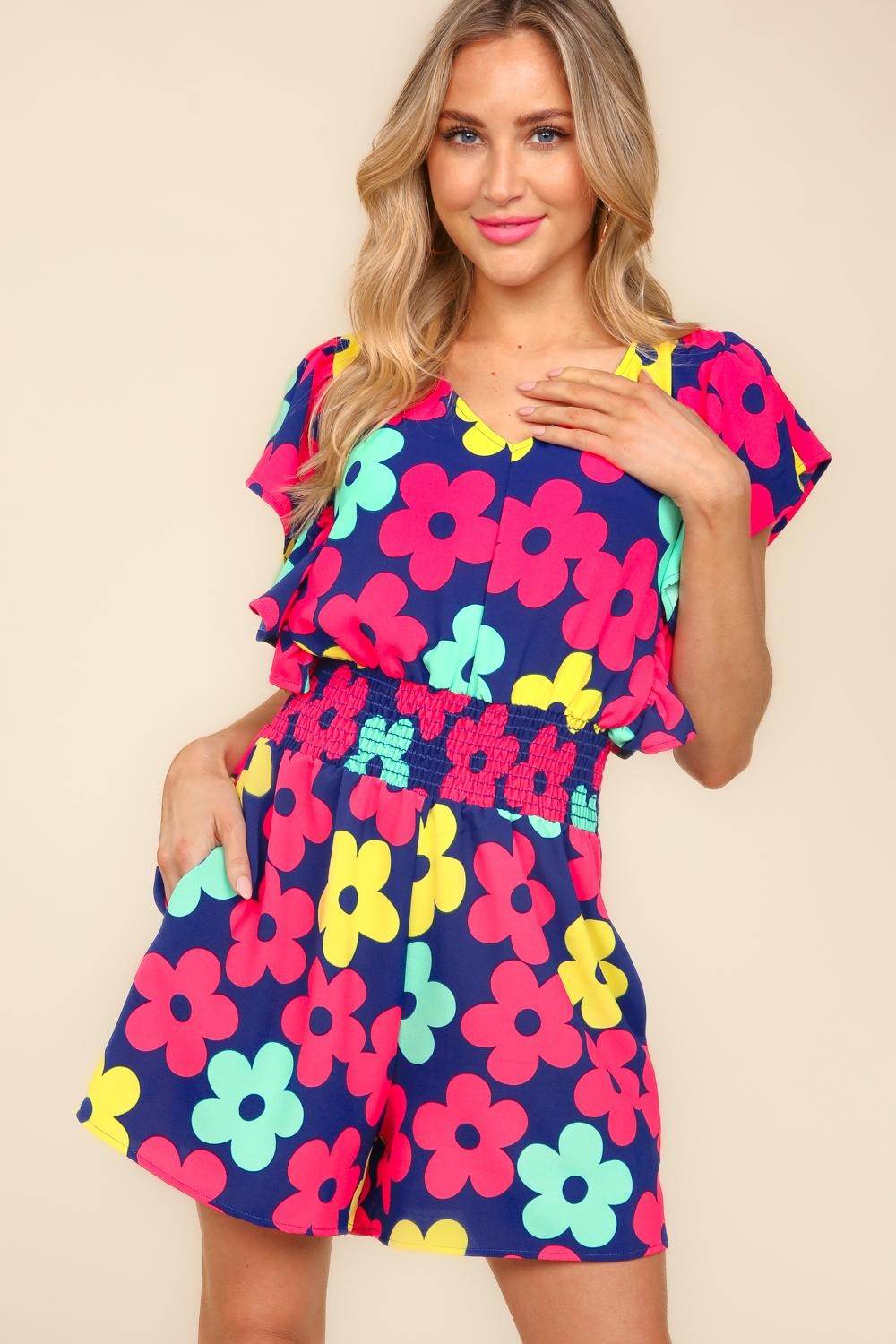 Haptics Floral Smocked Waist Romper with Side Pockets - Shop Style & More | Fresh Looks, Everyday Deals & Free Shipping