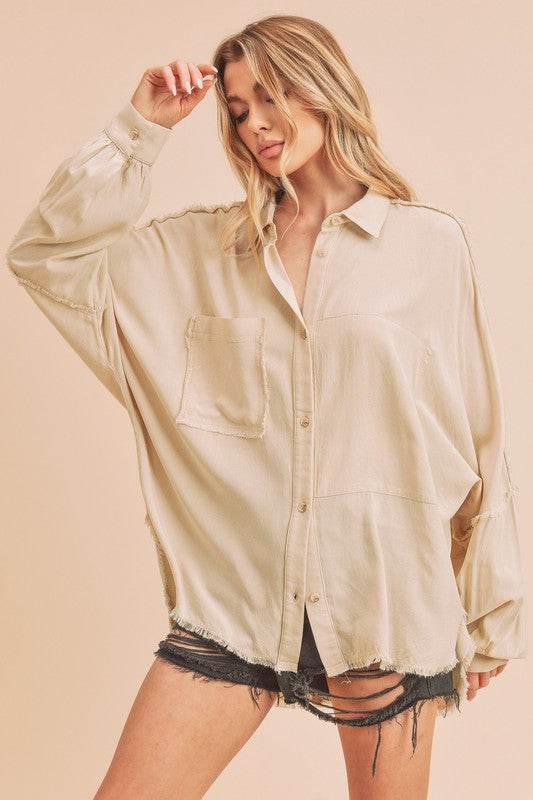 Aemi + Co Raw Edge Exposed Seam Collared Neck Long Sleeve Shirt - Shop Style & More | Fresh Looks, Everyday Deals & Free Shipping