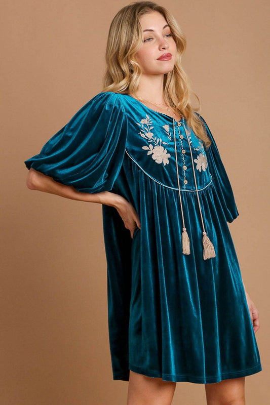 Umgee Embroidered Half Sleeve Velvet Mini Dress with Tassel - Shop Style & More | Fresh Looks, Everyday Deals & Free Shipping