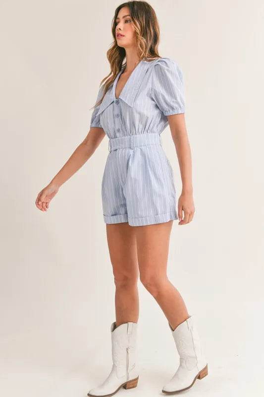 MABLE Striped Puff Sleeve Collared Neck Romper - Shop Style & More | Fresh Looks, Everyday Deals & Free Shipping