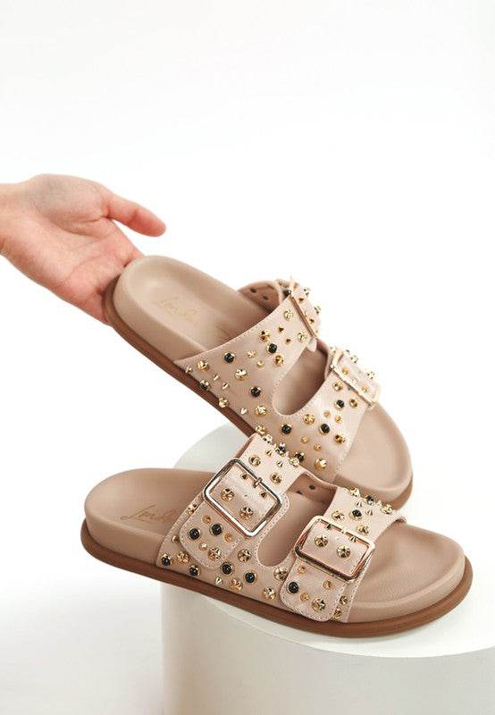 Jayata Metallic Stud Embellished Sliders - Shop Style & More | Fresh Looks, Everyday Deals & Free Shipping