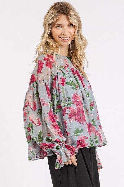 Mittoshop Floral Round Neck Flounce Sleeve Blouse Blouses