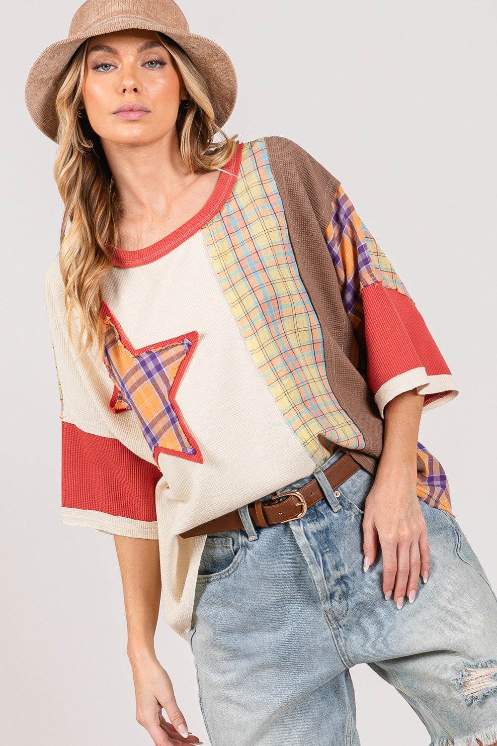 SAGE + FIG Round Neck Plaid Star Patch T-Shirt - Shop Style & More | Fresh Looks, Everyday Deals & Free Shipping