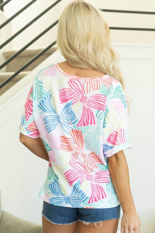 Kaeli Bowknot Waffle Crewneck Loose Short Sleeve T - Shop Style & More | Fresh Looks, Everyday Deals & Free Shipping