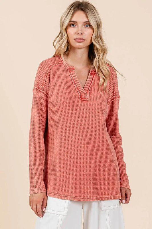 Mittoshop Mineral Wash Waffle Knit V-Neck Long Sleeve Top - Shop Style & More | Fresh Looks, Everyday Deals & Free Shipping