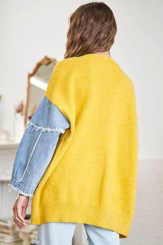 ADORA Full Size Frayed Denim Sleeve Sweater Cardigan Plus Size - Shop Style & More | Fresh Looks, Everyday Deals & Free Shipping