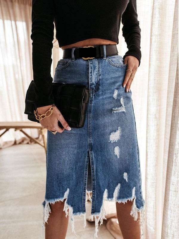 Distressed denim midi skirt - Shop Style & More | Fresh Looks, Everyday Deals & Free Shipping