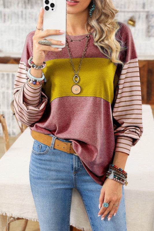 Colorblock Striped Bishop Sleeve Side Slits Top - Shop Style & More | Fresh Looks, Everyday Deals & Free Shipping