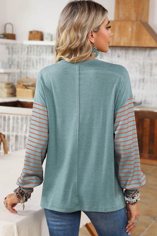Colorblock Striped Bishop Sleeve Side Slits Top - Shop Style & More | Fresh Looks, Everyday Deals & Free Shipping