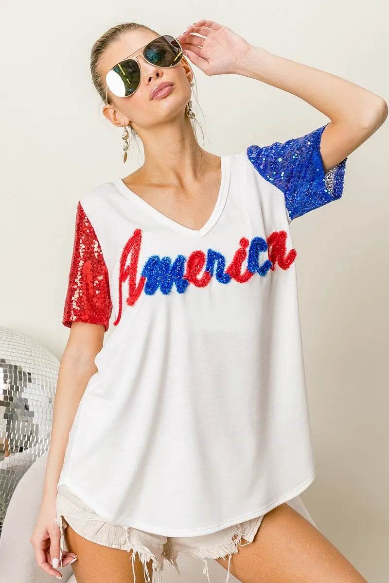 BiBi Metallic Letter V-neck Sequin Sleeves Top - Shop Style & More | Fresh Looks, Everyday Deals & Free Shipping